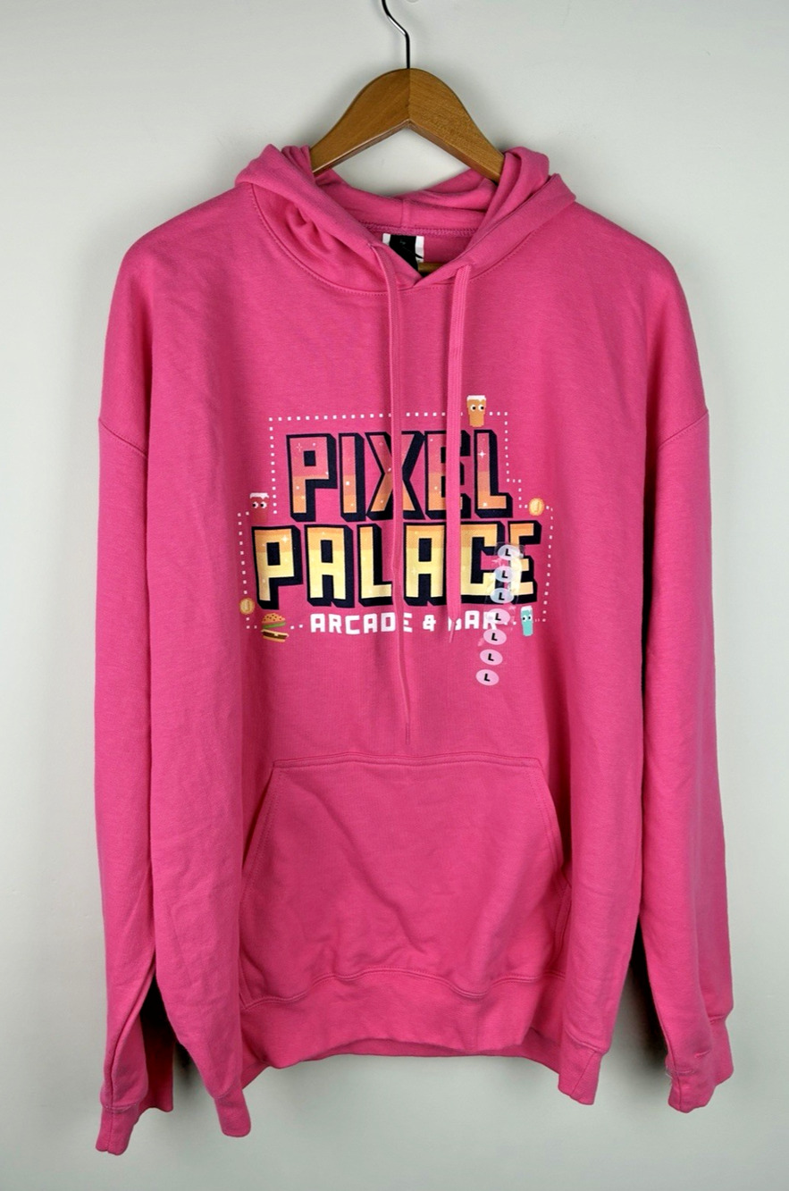 Pixel Palace Arcade Bar Hoodie Adult Large Pink Retro Gaming Graphic Pullover